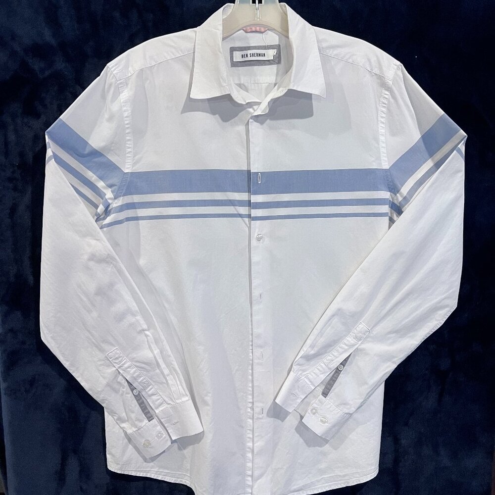 Ben‎ Sherman Men’s Large Button Down Shirt White Blue Stripes Long Sleeve Casual